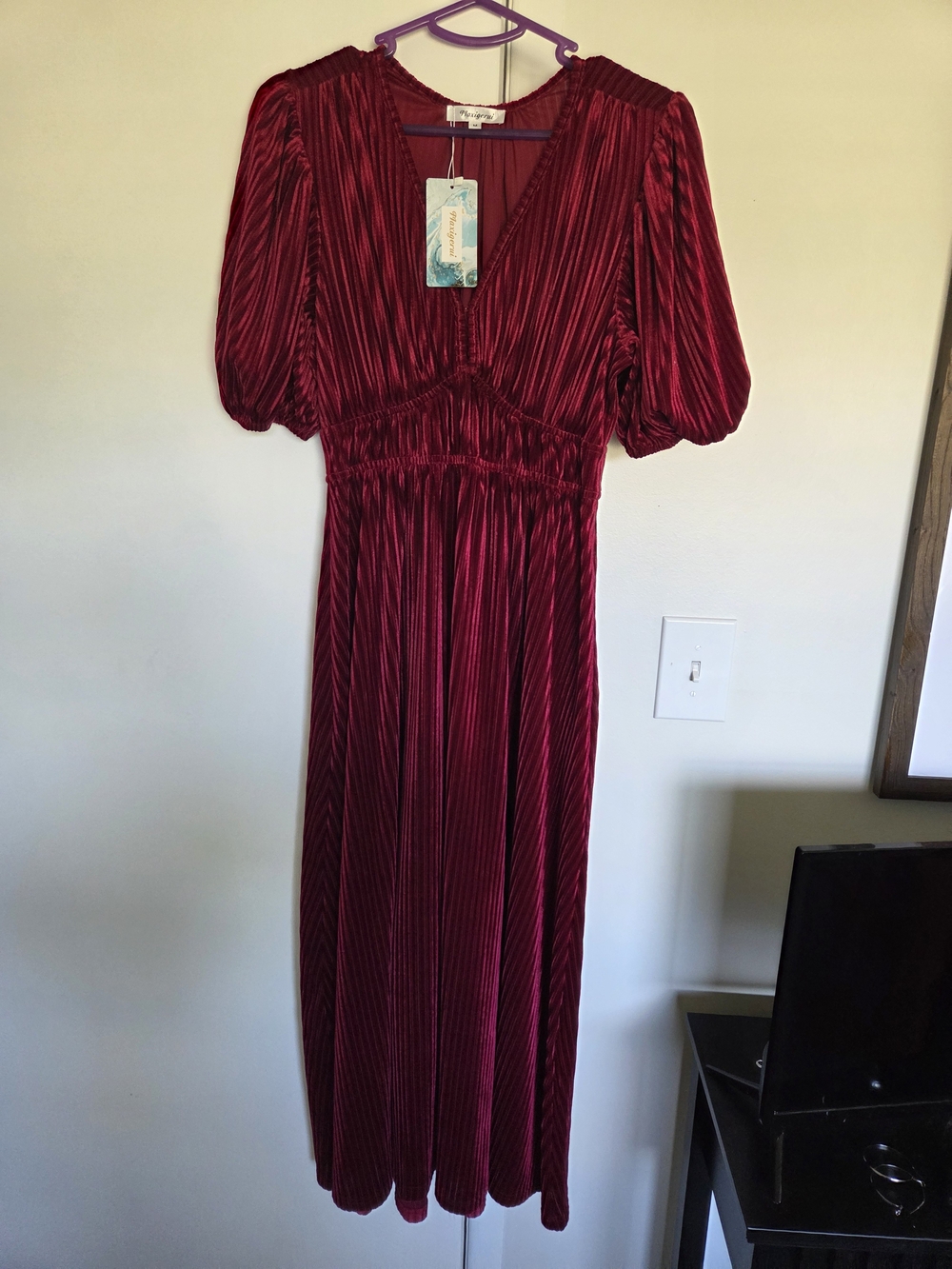 Pleated Velvet Maxi Dress in Wine Red by Unknown Brand